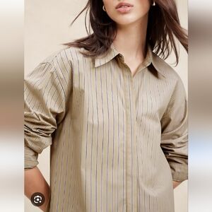 Banana Republic Oversized Cotton Shirt Beige Striped Womens Medium Career Preppy